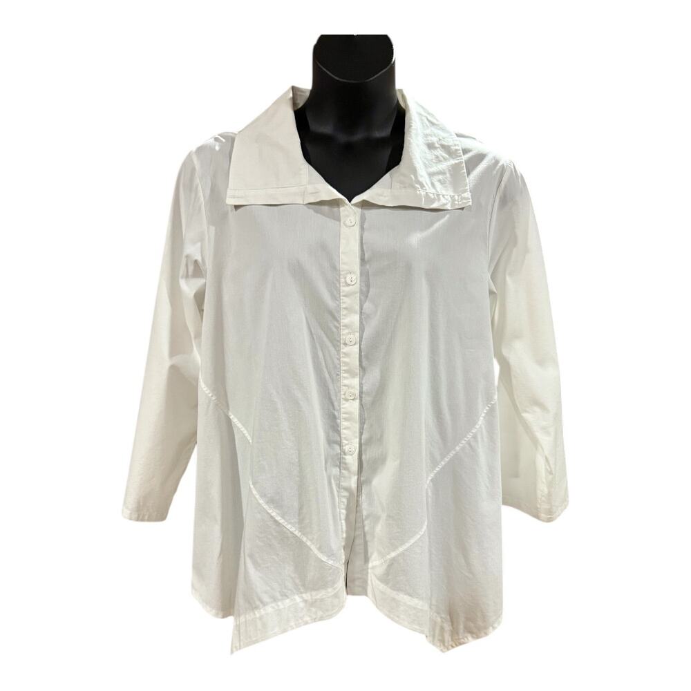 INAE Collection White Button Up Trapeze Asymmetric Lagenlook Tunic Oversized LG